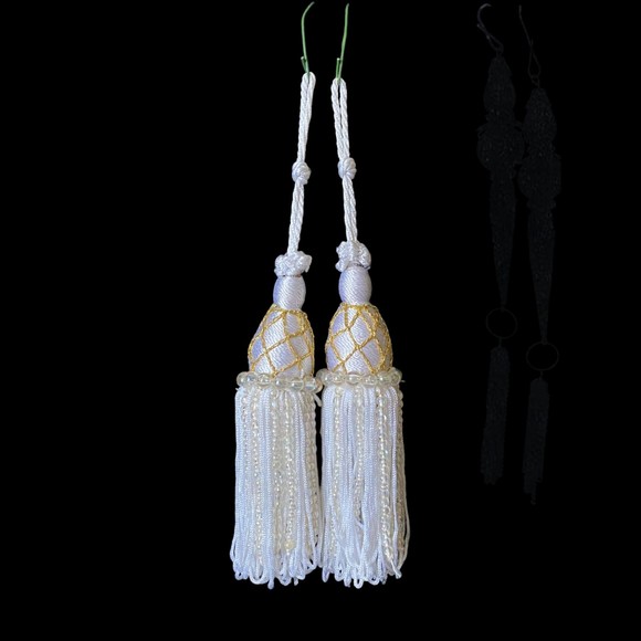 Set of 8 Gold White Pearls, Tassels, Crochet, Angel, Vintage Christmas Ornaments - Picture 3 of 9